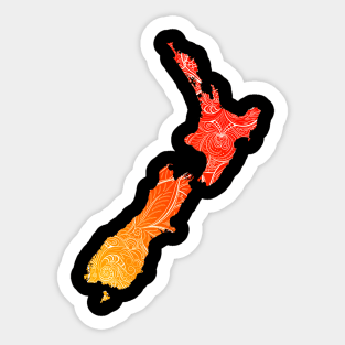 Colorful mandala art map of New Zealand with text in red and orange Sticker